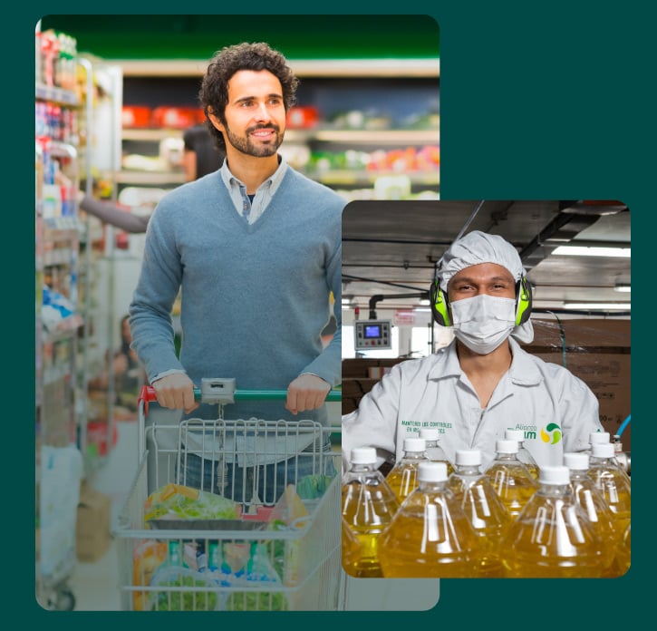 Persona en el supermercado haciendo compras Trabajador de Alianza Team en planta de producción de aceite